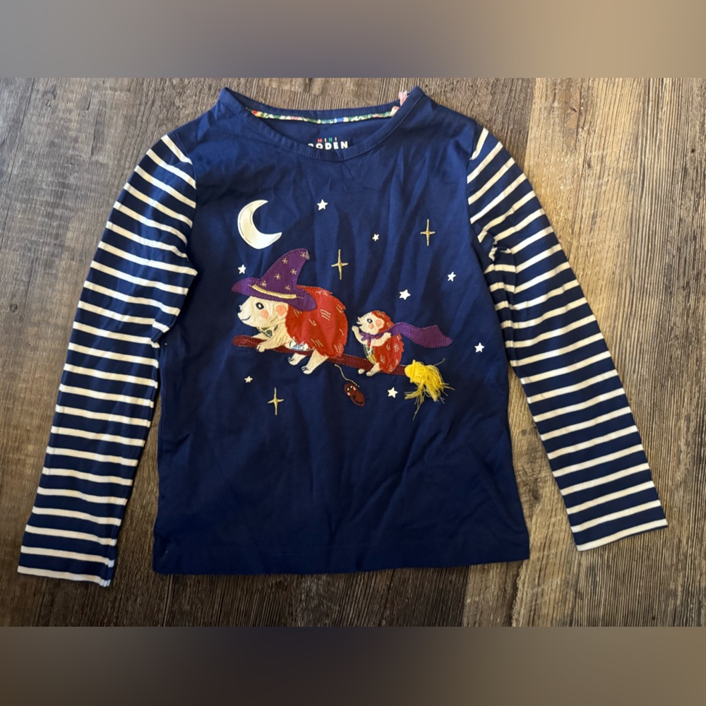 Mini Boden kids 5-6 years Blue Striped long sleeve shirt top Hedgehog Witch
